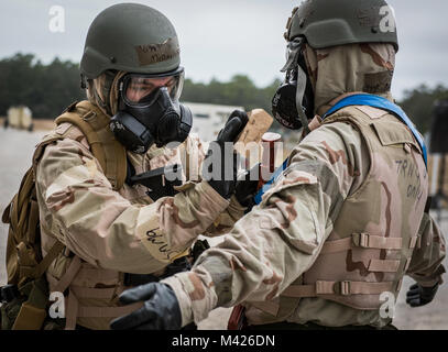 Airman 1st Class Austin McNay, 96th Communications Squadron, decontaminates a wingman during a chemical, biological, radiological, nuclear and explosive training exercise at Eglin Air Force Base, Fla., Feb. 1. The Airmen were taught the proper procedures during the week-long event before executing the tactics by themselves during the exercise. (U.S. Air Force photo/Samuel King Jr.) Stock Photo