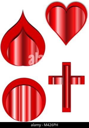 Four red vectors. Symbols heart, circle, cross and leaf. Stock Vector