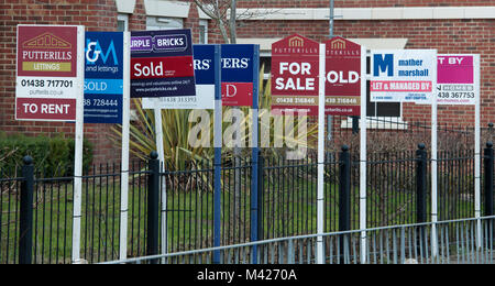 A row of estate agents sale boards outside flats in Stevenage, Hertfordshire, England, UK. Stock Photo