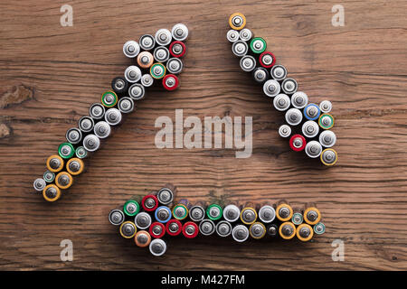 High Angle View Of Used Batteries Recycling Sign On Wooden Table Stock Photo