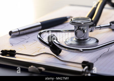 Close-up Of Stethoscope On Electrocardiogram At Desk