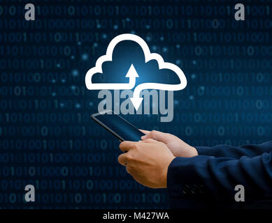 Hand print keyboard phone Press enter button on the computer hand businessman connect Cloud collect data Cloud computing concept  businessman or infor Stock Photo