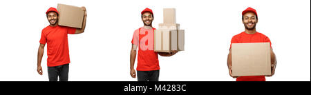 Delivery Concept - Set of Portrait of Happy African American delivery man in red cloth holding a box package. Isolated on white studio Background. Copy Space Stock Photo