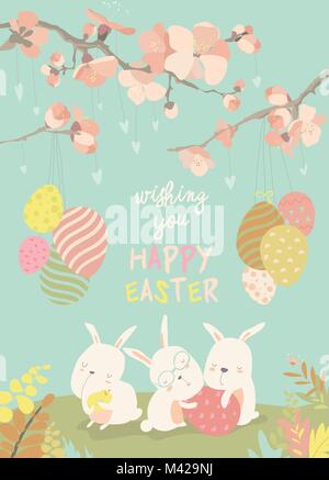 Funny easter bunnies with flowering branches Stock Vector