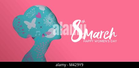 Happy Women's Day holiday illustration. Paper cut girl head silhouette cutout with hand drawn spring and flower doodles. Horizontal format design idea Stock Vector