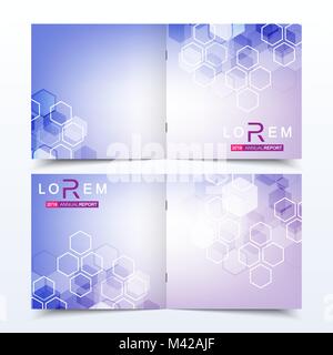 Business templates square brochure, magazine, leaflet , flyer, cover, booklet, annual report. Scientific concept for medical, technology, chemistry. Hexagonal molecule structure. Dna, atom, neurons. Stock Vector