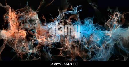 Abstract electrifying lines, smoky fractal texture pattern, digital illustration art work of rendering chaotic blue and red on the dark background. Stock Photo