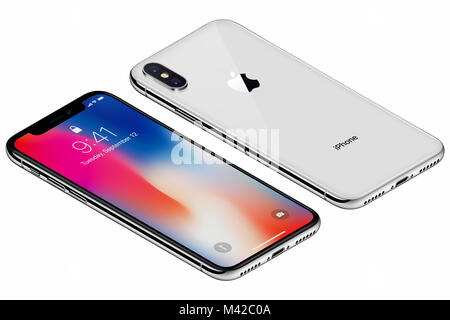 Isometric Silver Apple iPhone X front side with iOS 11 lockscreen and back side isolated on white background. Stock Photo