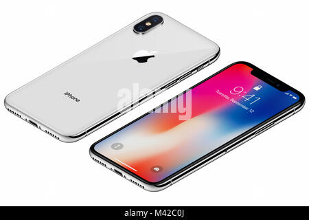 Isometric Silver Apple iPhone X front side with iOS 11 lockscreen and back side isolated on white background. Stock Photo