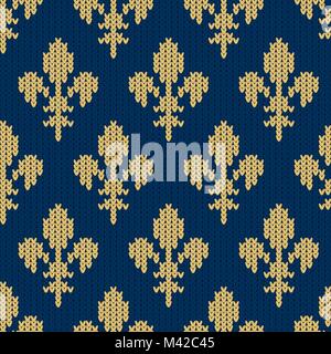 Fleur-de-lis on a seamless vector woolen pattern. Knitted woolen pattern with Heraldic golden royal lilies on blue Stock Vector