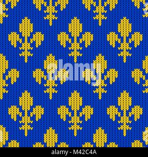 Heraldic lily on a seamless vector woolen pattern. Knitted woolen pattern with bourbon lilies. Classic royal lilies on a blue background Stock Vector
