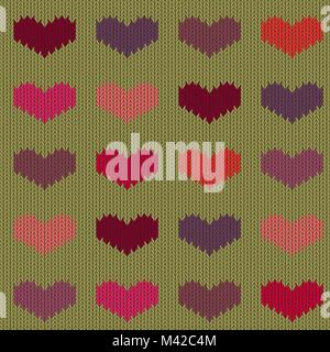 Knitted woolen seamless pattern with colored hearts on mustard background. Valentine's Day Stock Vector