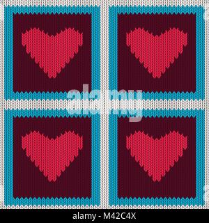 Knitted woolen seamless pattern with pink hearts in burgundy squares. Valentine's Day Stock Vector