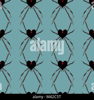 Seamless pattern with spider Black Widow in the shape of a heart for Valentines Day Stock Vector