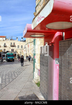 Outdoor post office boxes are lined up next to a street in Jerusalem's Old City, just inside Jaffa Gate. Stock Photo