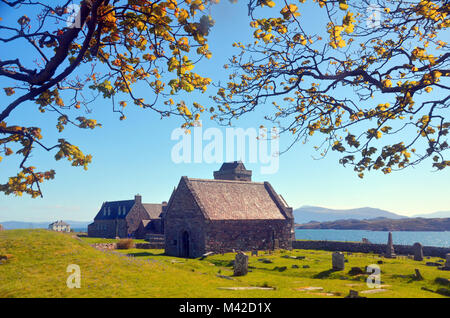 Iona Abbey,  Scotland as seen from behind in Spring. Stock Photo