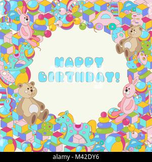 Happy Birthday typographic vector colorful cartoon doodles baby toy design for greeting cards, invitations Stock Vector