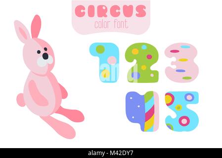 Funny cartoon style colorful vector numbers 1, 2, 3, 4, 5 set with pink rabbit toy Stock Vector