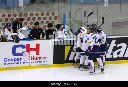 KYIV, UKRAINE - APRIL 28, 2017: Players of South Korea celebrate after scores ageinst Ukraine at their the IIHF 2017 Ice Hockey World Championship Div Stock Photo