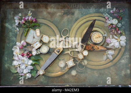 Pair of antique big scissors, intertwined with arms into each other on a copper plate surrounded by apple tree flowers and scattered wristwatch, an ar Stock Photo