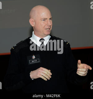 Col. Andrew Baxter, Regional Nurse Executive Officer, delivers remarks at the Army Nurse Corps, 117th Birthday celebration, February 02, 2018, Landstuhl Regional Medical Center, Landstuhl, Germany. (U.S. Army Stock Photo