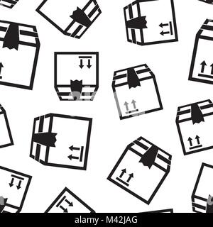 Packaging box with arrow symbol seamless pattern background. Business flat vector illustration. Shipping pack box delivery sign symbol pattern. Stock Vector