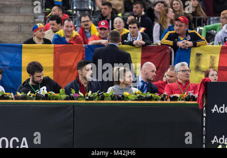 CLUJ NAPOCA, ROMANIA - FEBRUARY 10, 2018: Romanian tennis player Simona Halep (WTA ranking 2) supporting her team from the tribune during a Fed Cup ma Stock Photo