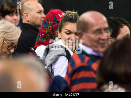 CLUJ NAPOCA, ROMANIA - FEBRUARY 10, 2018: Romanian tennis player Simona Halep (WTA ranking 2) supporting her team from the tribune during a Fed Cup ma Stock Photo