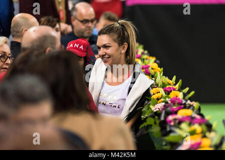 CLUJ NAPOCA, ROMANIA - FEBRUARY 10, 2018: Romanian tennis player Simona Halep (WTA ranking 2) supporting her team from the tribune during a Fed Cup ma Stock Photo