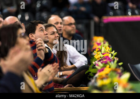 CLUJ NAPOCA, ROMANIA - FEBRUARY 10, 2018: Romanian tennis player Simona Halep (WTA ranking 2) supporting her team from the tribune during a Fed Cup ma Stock Photo