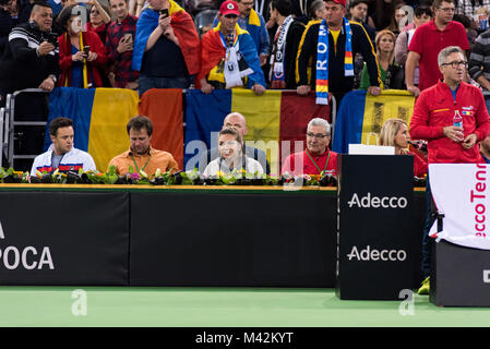 CLUJ NAPOCA, ROMANIA - FEBRUARY 10, 2018: Romanian tennis player Simona Halep (WTA ranking 2) supporting her team from the tribune during a Fed Cup ma Stock Photo