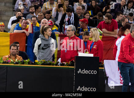 CLUJ NAPOCA, ROMANIA - FEBRUARY 10, 2018: Romanian tennis player Simona Halep (WTA ranking 2) supporting her team from the tribune during a Fed Cup ma Stock Photo