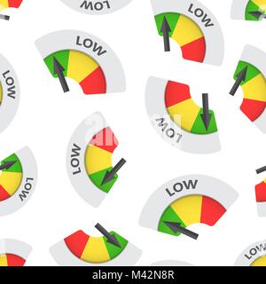 Low level risk gauge seamless pattern background. Business flat vector illustration. Low fuel symbol pattern. Stock Vector
