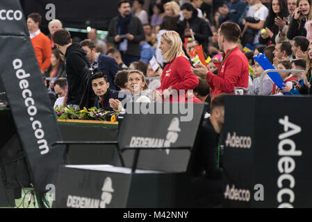 CLUJ NAPOCA, ROMANIA - FEBRUARY 10, 2018: Romanian tennis player Simona Halep (WTA ranking 2) supporting her team from the tribune during a Fed Cup ma Stock Photo