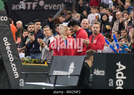 CLUJ NAPOCA, ROMANIA - FEBRUARY 10, 2018: Romanian tennis player Simona Halep (WTA ranking 2) supporting her team from the tribune during a Fed Cup ma Stock Photo