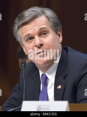 Washington, District of Columbia, USA. 13th Feb, 2018. Federal Bureau of Investigation (FBI) Director Christopher Wray testifies before the United States Senate Committee on Intelligence during a hearing to examine worldwide threats on Capitol Hill in Washington, DC on Tuesday, February 13, 2018.Credit: Ron Sachs/CNP Credit: Ron Sachs/CNP/ZUMA Wire/Alamy Live News Stock Photo