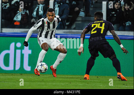 Turin, Italy. 13th February, 2018. Alex Sandro  (Juventus FC) during the UEFA Champions League football match between Juventus FC and Tottenham Hotspur at Allianz Stadium on 13 February, 2018 in Turin, Italy. Credit: FABIO PETROSINO/Alamy Live News Stock Photo