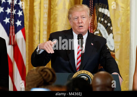 Washington, USA. 13th Feb, 2018. U.S. President Donald Trump speaks during a National African American History Month reception at the White House in Washington, DC, the United States, Feb. 13, 2018. Credit: Ting Shen/Xinhua/Alamy Live News Stock Photo
