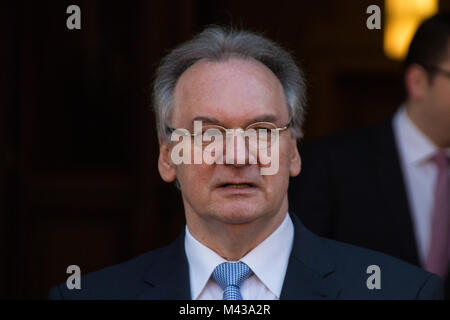 Magdeburg, Germany - February 14,2018: Saxony-Anhalt's Prime Minister Reiner Haseloff is waiting for Federal President Frank-Walter Steinmeier in front of the State Chancellery. Stock Photo