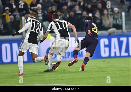 Turin, Italy. 13th Feb, 2018. Alex Sandro  (Juventus FC),Mario Mandzukic (Juventus FC),Dele Alli (Tottenham Hotspur F.C.), during the Champions League football match between Juventus FC and Tottenham Hotspur F.C at Allianz Stadium on 13 February , 2018 in Turin, Italy. Credit: Antonio Polia/Alamy Live News Stock Photo