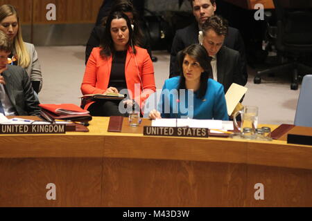 UN, New York, USA. 14th Feb, 2018. Nikki Haley, US Ambassador, speaks about Syria to UN Security Council.  Photo: Matthew Russell Lee / Inner City Press Credit: Matthew Russell Lee/Alamy Live News Stock Photo