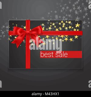 best sale card with red silk bow and golden stars on background. Stock Vector