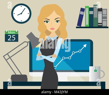 Business woman at the office, flat design Stock Vector