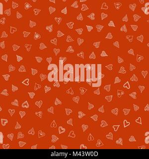 chaotic vector orange doodle hearts seamless pattern - for Valentine's day Stock Vector