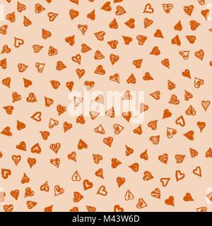 chaotic vector beige doodle hearts seamless pattern - for Valentine's day Stock Vector