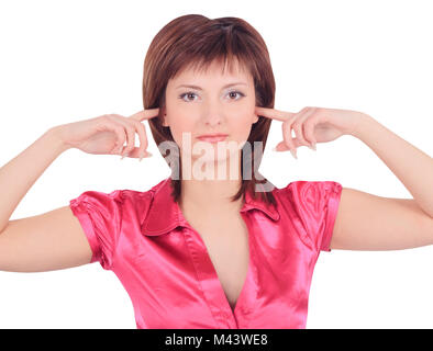 picture of woman with hands on ears Stock Photo