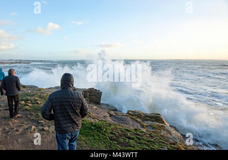 Brittany West Coast battered by Storm  Carmen, Village of Le Couregant, Brittany, France. Stock Photo