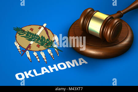 Oklahoma US state law, legal system and justice concept with a 3d rendering of a gavel on the Oklahoman flag on background. Stock Photo