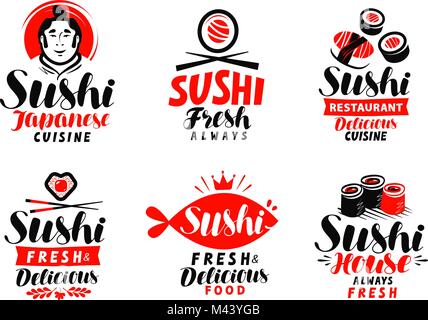 Sushi, Japanese cuisine logo or label. Set of elements for restaurant menu design. Vector illustration Stock Vector