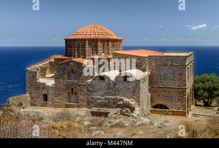 The church of Hagia (or Agia ) Sophia stands on the highest point in Monemvasia, Greece, offering a breathtaking view of the Aegean Sea. Stock Photo